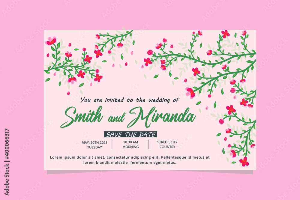 Pink floral wedding invitation banner. wedding invitation banner with flowers and leaves.