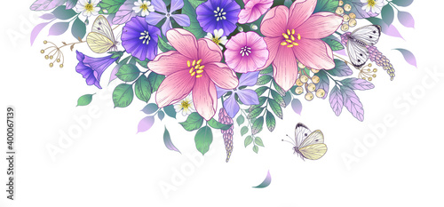 Hand Drawn Beautiful Flowers  and  Butterflies