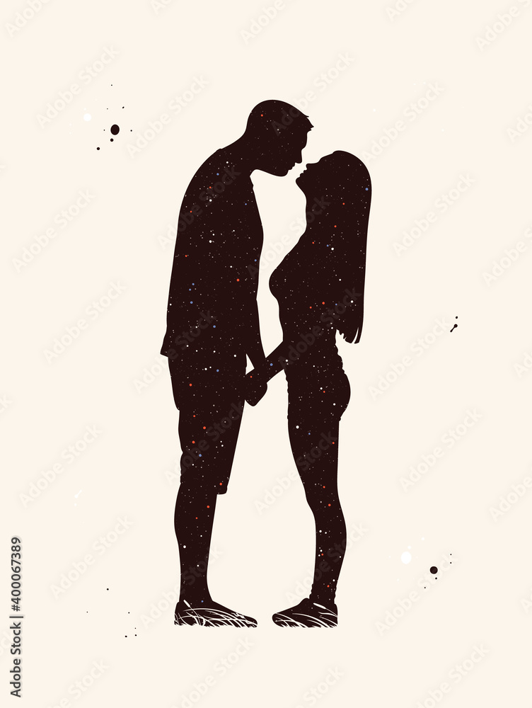 Kissing couple. Lovers abstract silhouette. Night starry sky