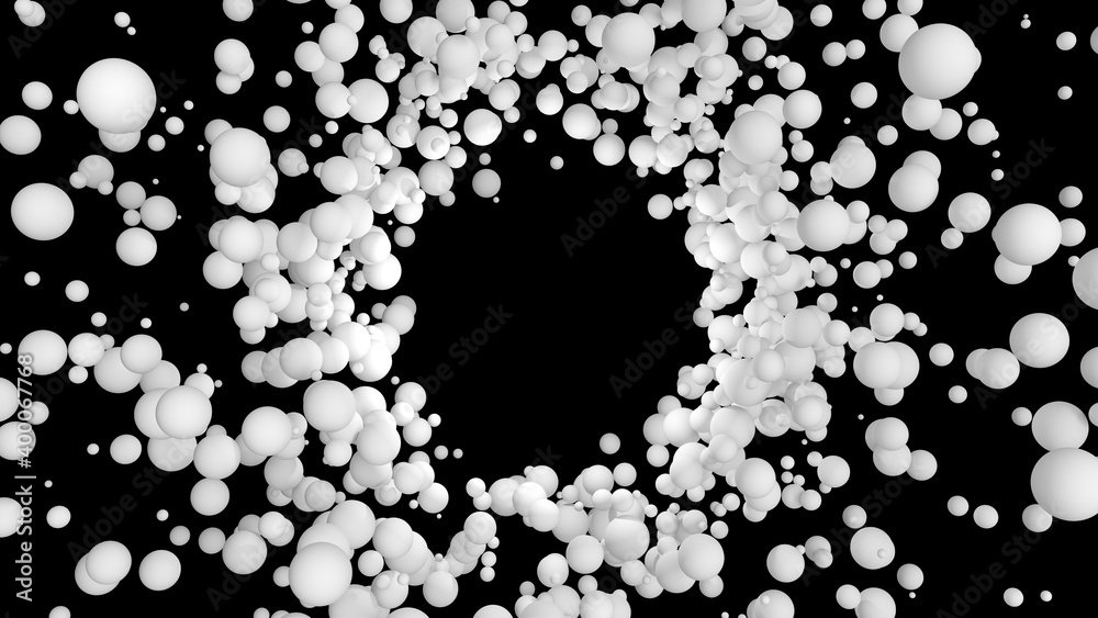 Particles attract to central empty hole and spin around. Vortex of spheres around blank space for logo. White balls rotate and bounce on a black background. 3d render illustration.