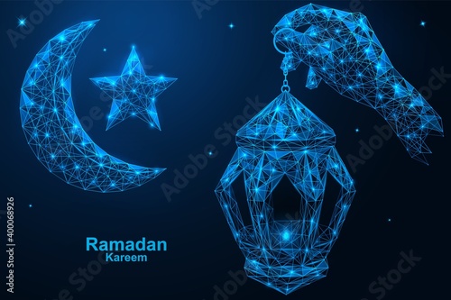 Hand holding burning Muslim lantern, night sky background, moon and stars. Ramadan Karim. Polygonal construction of concatenated lines and points. Blue background.
