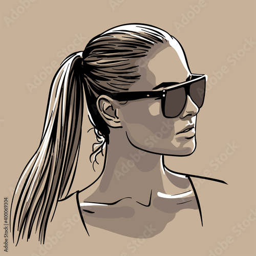 Girl in sunglasses with ponytail hairstyle. 