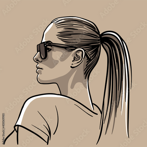  Girl in sunglasses with ponytail hairstyle. 