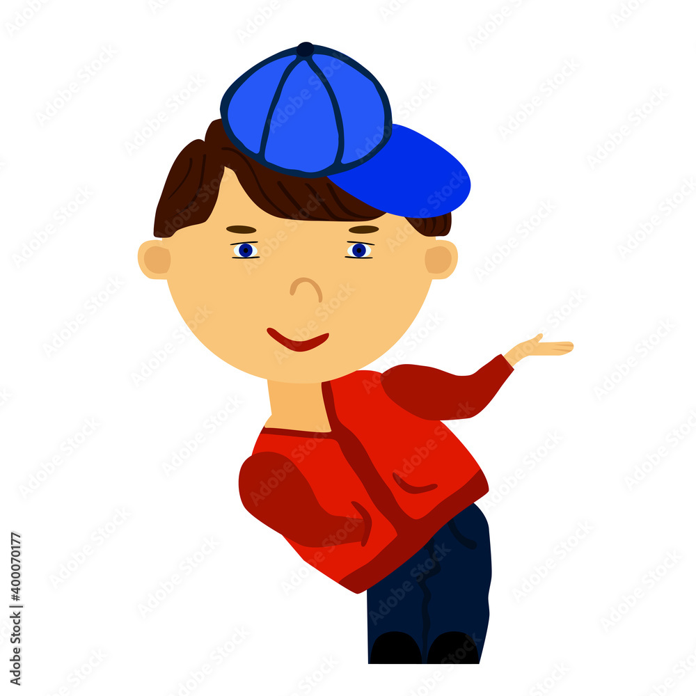 Boy in blue cap, college red Jacket leaned on side Boy in blue cap, college red Jacket leaned on side