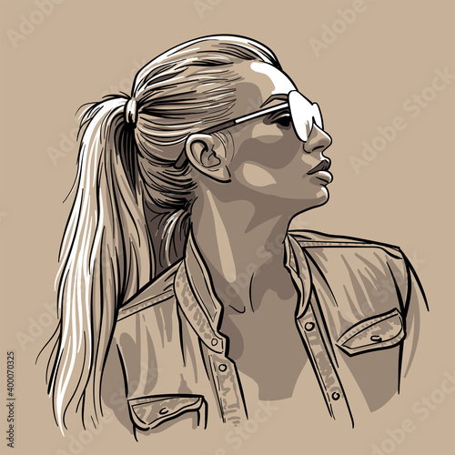  Girl in sunglasses with ponytail hairstyle. 