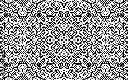 Black and white decorative geometric background from a pattern of abstract shapes in ethnic Indian traditions doodling style. Vector graphics for design and decor, wallpapers, business cards, textiles