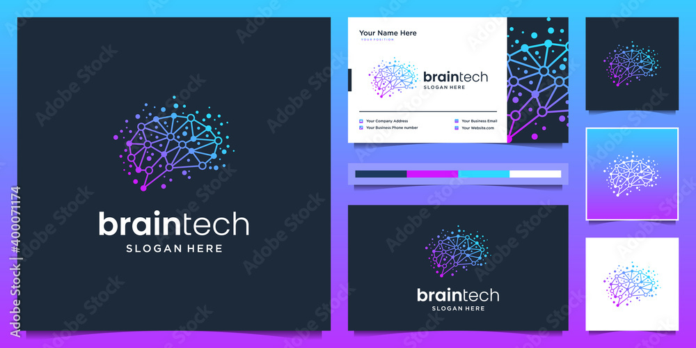 Brain connection logo design. digital brain tech logo and business card.