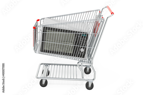 Microwave oven inside shopping cart, 3D rendering