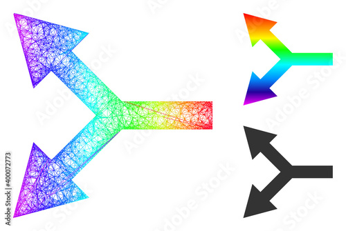 Rainbow colored wire frame bifurcation arrow left, and solid rainbow gradient bifurcation arrow left icon. Wire frame flat network geometric symbol based on bifurcation arrow left icon,