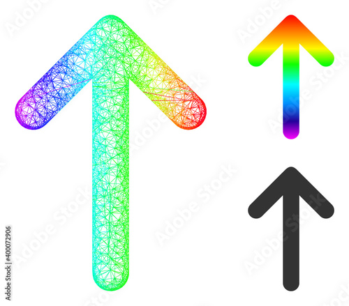 Spectrum colorful network arrow up, and solid spectral gradient arrow up icon. Crossed frame flat network geometric symbol based on arrow up icon, is made with crossed lines.