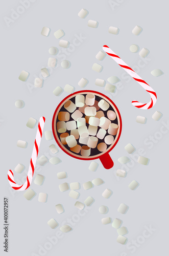 Merry Christmas and Happy New Year.
Modern design of a composition of holiday decorations.
A mug of hot chocolate with small marshmallows and candy canes.