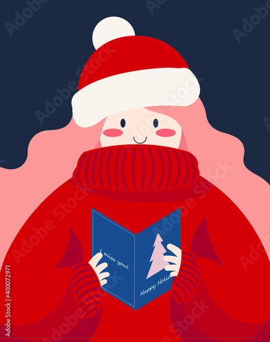 Merry Christmas and Happy New Year.
Modern cute design of a composition of a girl who reads a postcard from relatives.
Warm sweater, greeting card, Christmas hat, smile.