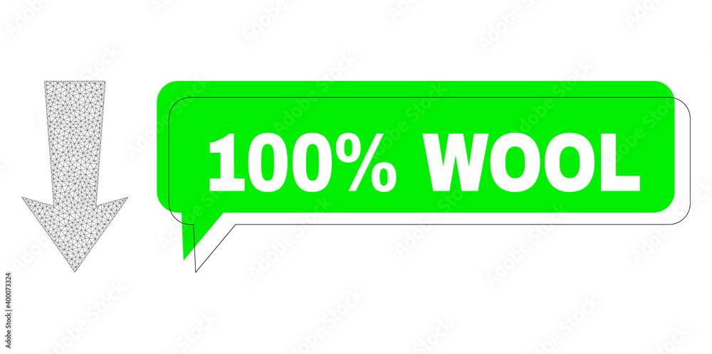 Misplaced 100% Wool green message balloon and arrow down mesh model. Vector flat arrow down, created from flat mesh. Green conversation includes 100% Wool text inside black frame, and colored balloon. Misplaced 100% Wool green message balloon and arrow down mesh model. Vector flat arrow down, created from flat mesh. Green conversation includes 100% Wool text inside black frame, and colored balloon.