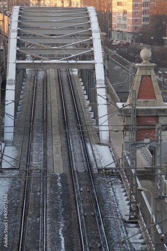 the capital of russia, moscow, andreevsky bridge: snow-covered railway tracks photo