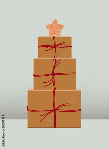 Merry Christmas and Happy New Year.
Realistic gift boxes stacked on top of each other, creating a festive tree with a star top. Festive template for banner, poster, flyer, postcard, brochure, cover, b