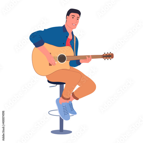Guitar player flat color vector detailed character. Musician playing musical instruments guitar. Guitarist on bar chair isolated cartoon illustration for web graphic design