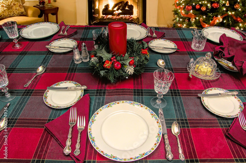Christmas tableware setting for evening event and celebration