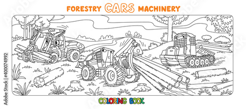 Forestry machinery cars with eyes coloring book
