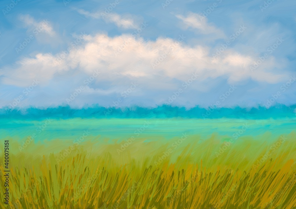 Oil paintings landscape, grass and blue sky