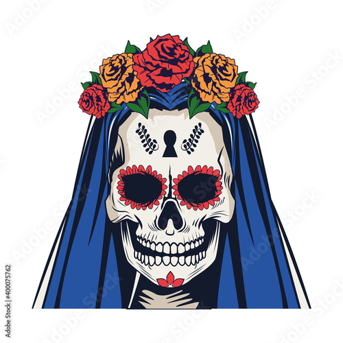 traditional mexican katrina skull with roses and blue hair head