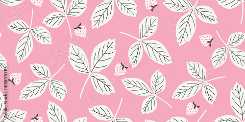 White leaves and strawberries on pink background. Beautiful print with hand drawn berries plants illustration. Nature pastel foliage ornament for textile, fabric, wallpaper, surface design