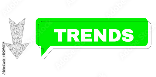 Shifted Trends green message balloon and arrow down mesh model. Vector flat arrow down, designed with flat mesh. Green conversation contains Trends caption inside black frame, and color bubble.