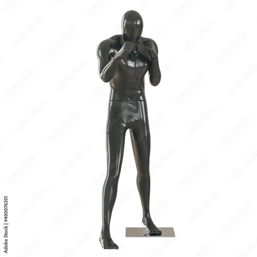 Black male sports mannequin in a fighting stance on an isolated background. 3d rendering