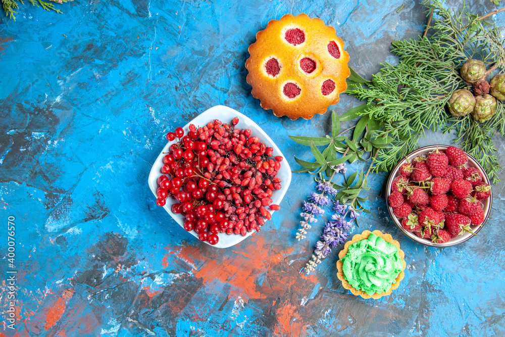 top view raspberry bowl small tart currants and barberries in bowl berry cake tree branches on blue background