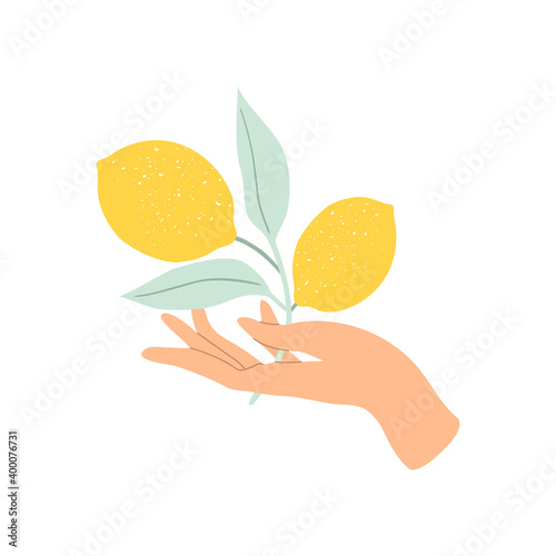 Hand holding lemon branch. Modern healthy gift. Flat vector cartoon illustration on white background. Decorative design elements for greeting card, poster, calendar, web