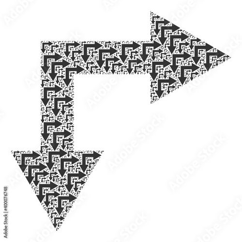Repeating collage of bifurcation arrow right down. Flat vector bifurcation arrow right down abstraction is formed from repeating self bifurcation arrow right down elements.