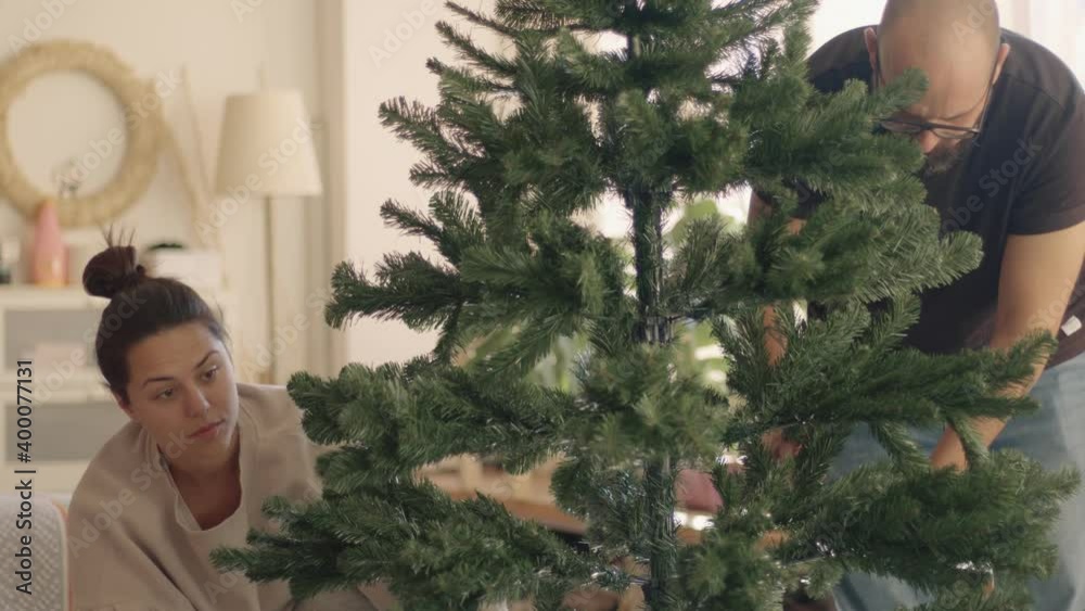 Cosy sunny morning. A family is mounting an artificial Christmas tree. Brunette caucasian young girl no make up and a bold mixed race man in the glasses. Tilt shot high quality 4k video footage.
