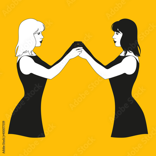 Illustration of two twin girls with joined hands facing each other. Gemini.