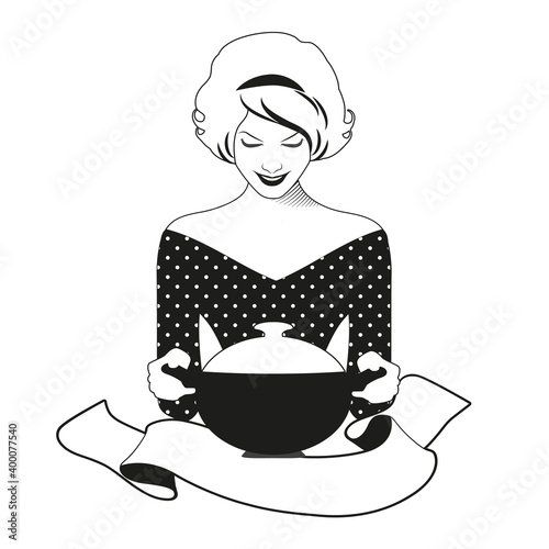 Beautiful housewife dressed in retro style carrying a pot and banner for text. Illustration for home cooking or vintage restaurants.