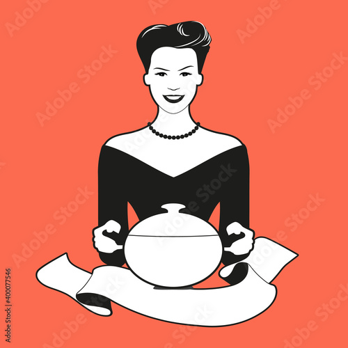 Beautiful housewife dressed in retro style carrying a pot and banner for text. Illustration for home cooking or vintage restaurants.