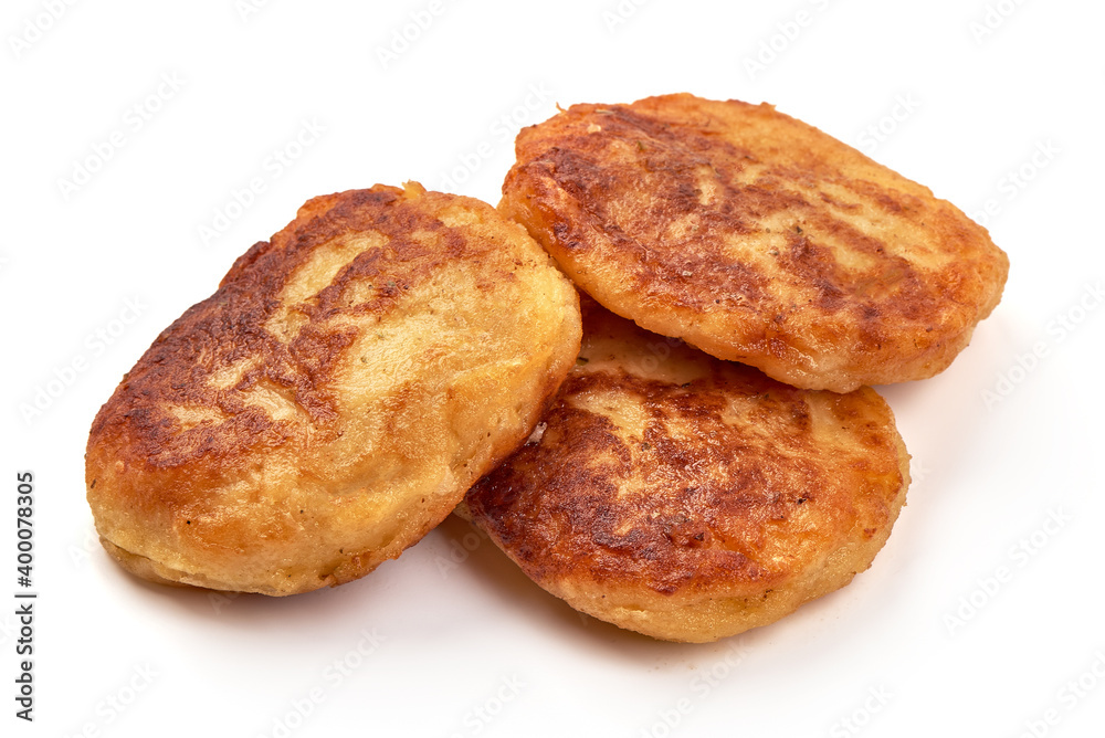 Fried potato pancakes, isolated on white background