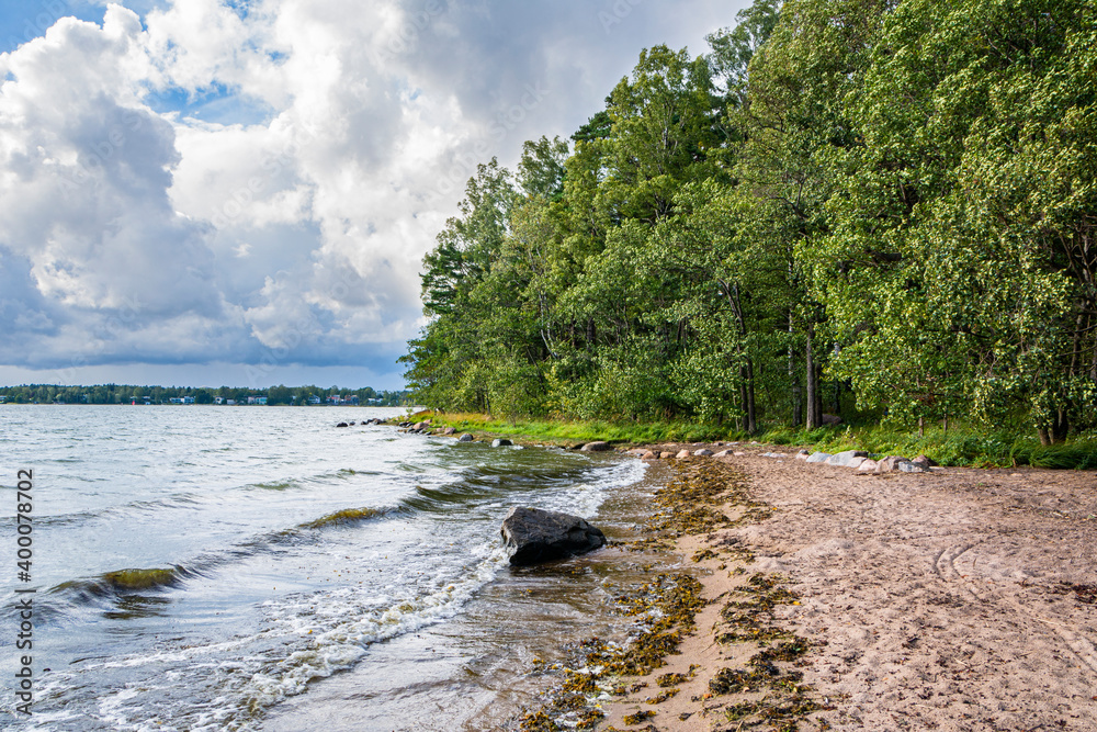 View of the Karhusaari swimming beach and Gulf of Finland, Espoo, Finland