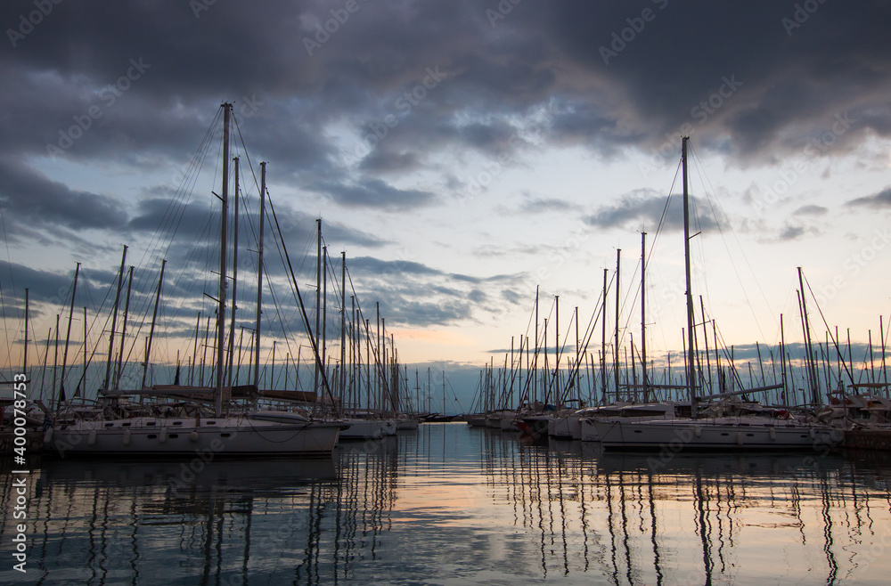 Sunset view of yacht parking in marina in Athens, Greece