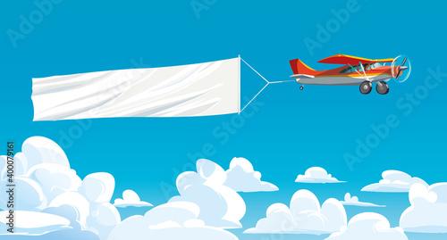 Aircraft red with ribbon banner advertising, in the sky above the clouds. Vector