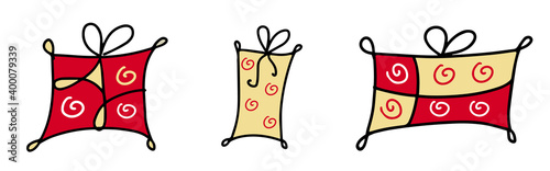 Hand-drawn gifts boxes set. Doodle cartoon illustration with Holidays, Birthday, Christmas, New year gift. Abstract poster with holiday symbols. Vector sketch isolated on white background.