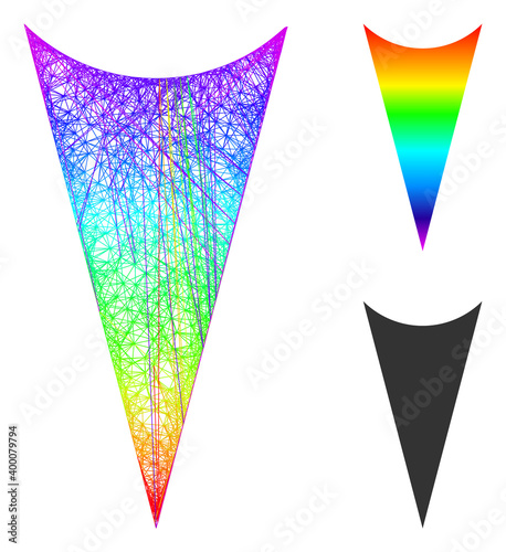Rainbow colored network arrowhead down, and solid rainbow gradient arrowhead down icon. Hatched carcass 2D network abstract symbol based on arrowhead down icon, is made with intersected lines.