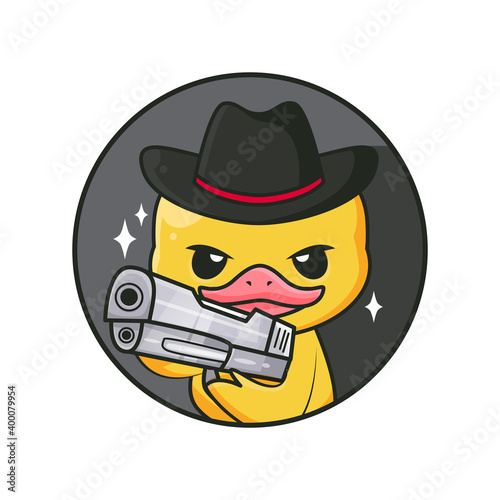 cute little mafia duck holding gun wear hat