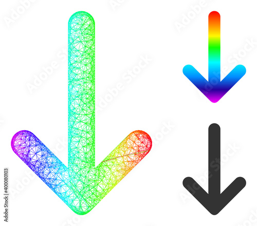 Spectral colorful network arrow down, and solid spectral gradient arrow down icon. Crossed carcass 2D network abstract symbol based on arrow down icon, is created from crossed lines.