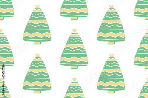 Hand-drawn Christmas tree. Cartoon illustration with Christmas and New year decorations, stars. Doodle seamless pattern isolated on background. For your fabric, textile design, wrapping paper