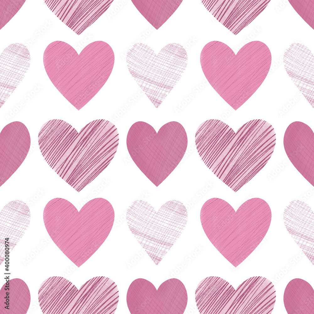 Seamless pattern with hand drawn hearts for greeting cards, wrapping paper, wedding, birthday, fabric, textile, Valentines Day, mothers Day, easter