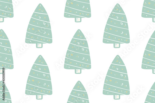 Hand-drawn Christmas tree. Cartoon illustration with Christmas and New year decorations, stars. Doodle seamless pattern isolated on background. For your fabric, textile design, wrapping paper