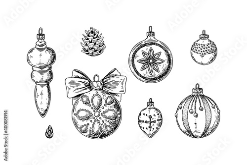 Set of hand drawn Christmas decorations. Christmas tree vintage toys. Vector illustration in sketch style.