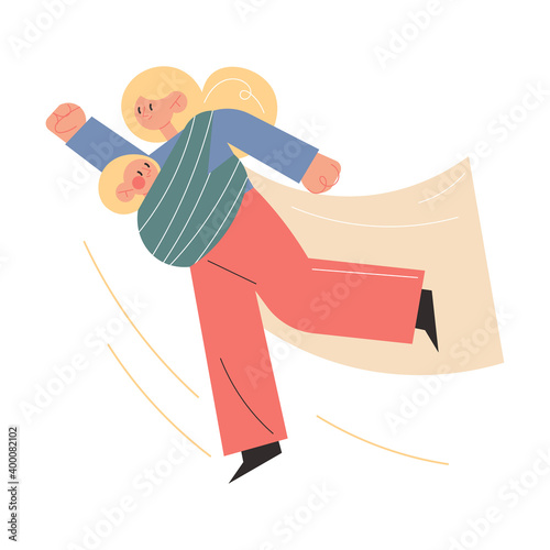 Mother carrying small child in sling and hurrying up to make all duties