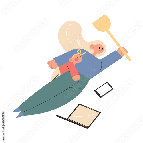 Mother superhero flying with small baby on body, working, doing cleaning at home in one moment
