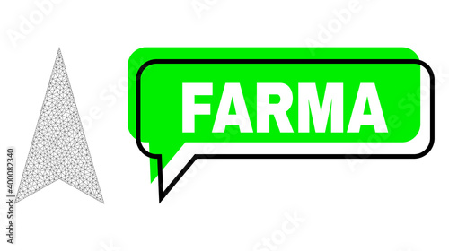 Shifted Farma green phrase cloud and arrowhead up mesh composition. Vector flat arrowhead up, built from flat mesh. Green conversation contains Farma tag inside black contour, and colored cloud.