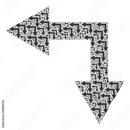 Fractal collage from bifurcation arrow left down. Flat vector bifurcation arrow left down collage is done from repeating recursive bifurcation arrow left down pictograms.